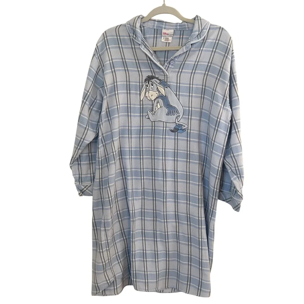 Disney Store Nightgown Womens M Blue Plaid Eeyore Cotton Flannel Sleepwear Y2K